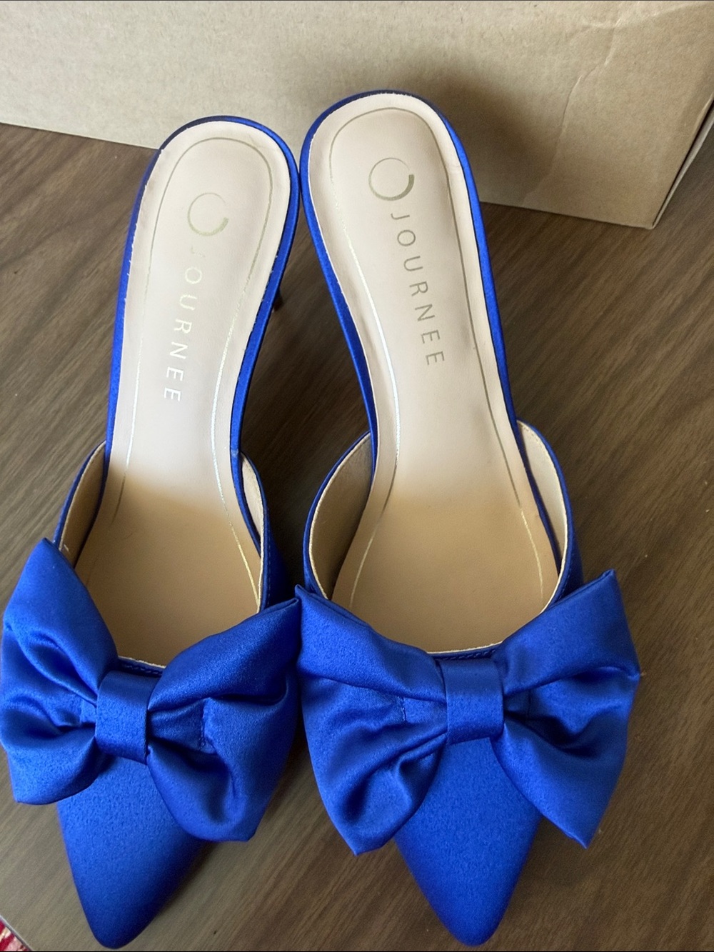 Journee Collection Royal Blue Satin Bow Pointed Mules